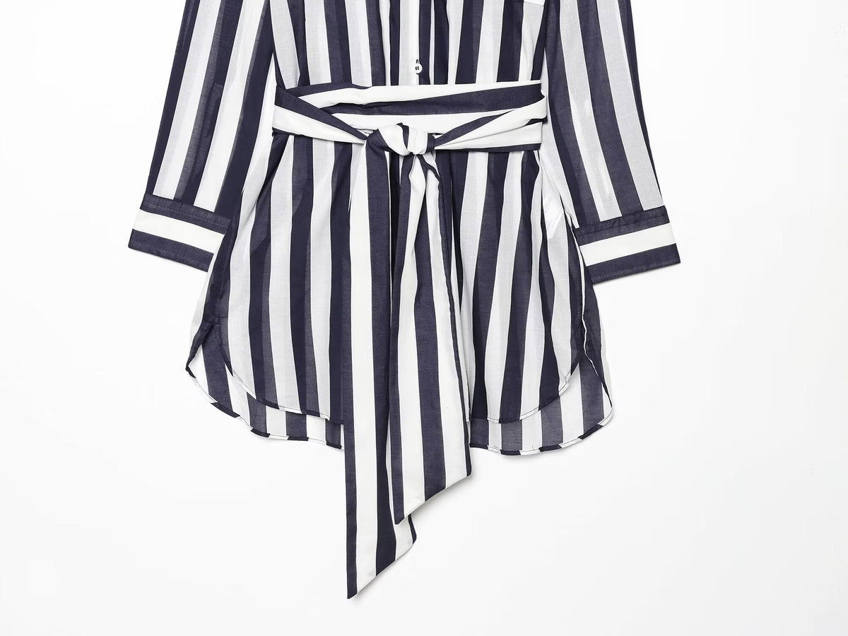 Women's With Belt Long Style Striped Shirt